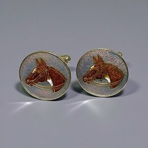 Vintage Cloisonné Brown Horse Head With Purple Background Cufflinks Cuff Links